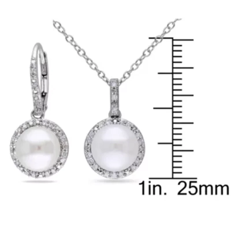 2-Piece Set of 8-8.5MM Freshwater Cultured Pearl and 1/3 ct. t.w. Diamond Earrings and Pendant with Chain in Sterling Silver