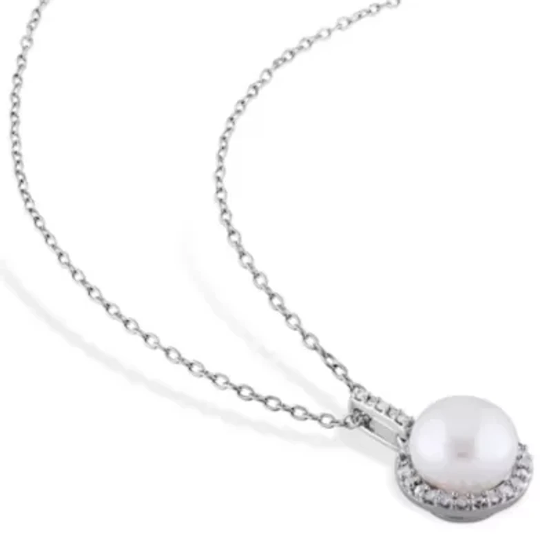 2-Piece Set of 8-8.5MM Freshwater Cultured Pearl and 1/3 ct. t.w. Diamond Earrings and Pendant with Chain in Sterling Silver