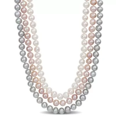 7.5-8MM Multi-Color Freshwater Cultured Pearl 3-Strand Necklace with Sterling Silver Ball Clasp