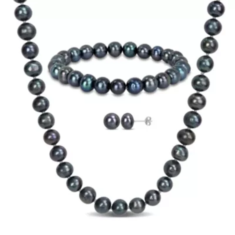 3-Piece Set of 7.5-8MM Black Freshwater Cultured Pearl Necklace, Bracelet and Earrings in Sterling Silver