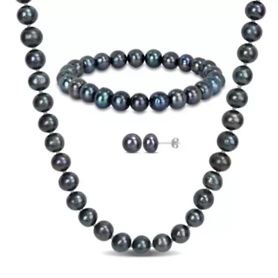 3-Piece Set of 7.5-8MM Black Freshwater Cultured Pearl Necklace, Bracelet and Earrings in Sterling Silver
