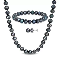 3-Piece Set of 7.5-8MM Black Freshwater Cultured Pearl Necklace, Bracelet and Earrings in Sterling Silver