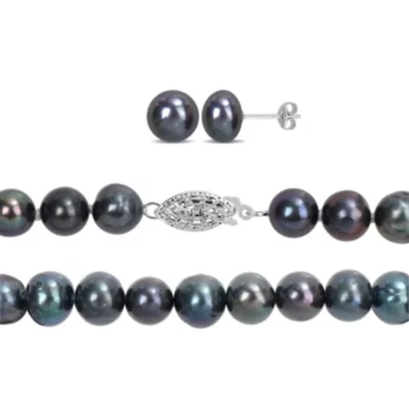 3-Piece Set of 7.5-8MM Black Freshwater Cultured Pearl Necklace, Bracelet and Earrings in Sterling Silver