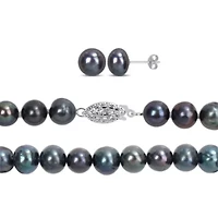 3-Piece Set of 7.5-8MM Black Freshwater Cultured Pearl Necklace, Bracelet and Earrings in Sterling Silver