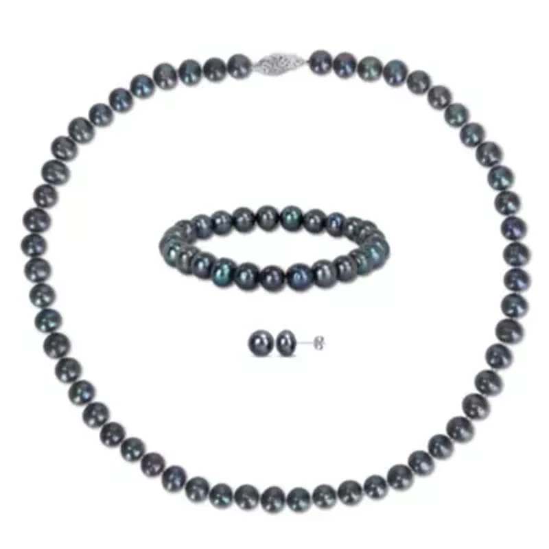 3-Piece Set of 7.5-8MM Black Freshwater Cultured Pearl Necklace, Bracelet and Earrings in Sterling Silver