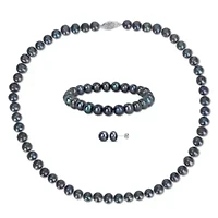 3-Piece Set of 7.5-8MM Black Freshwater Cultured Pearl Necklace, Bracelet and Earrings in Sterling Silver