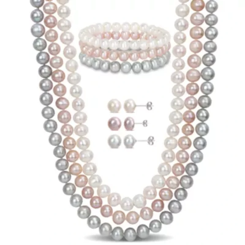 9-Piece Set of 7.5-8MM Multi-Color Freshwater Cultured Pearl Necklace, Bracelet and Earrings in Sterling Silver