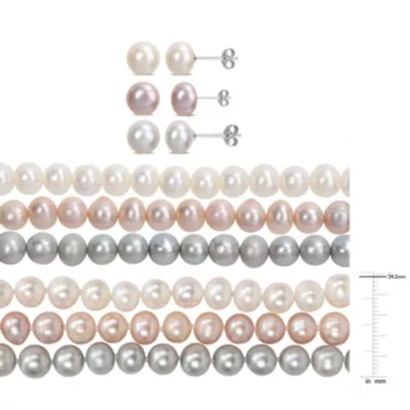 9-Piece Set of 7.5-8MM Multi-Color Freshwater Cultured Pearl Necklace, Bracelet and Earrings in Sterling Silver