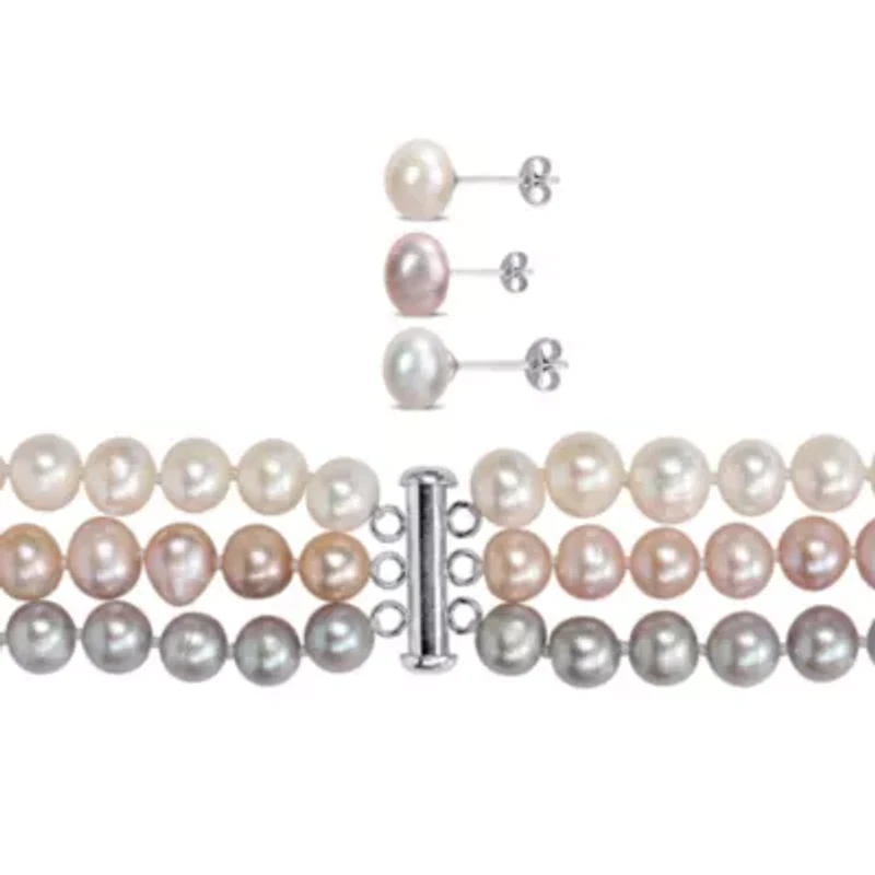 9-Piece Set of 7.5-8MM Multi-Color Freshwater Cultured Pearl Necklace, Bracelet and Earrings in Sterling Silver