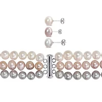 9-Piece Set of 7.5-8MM Multi-Color Freshwater Cultured Pearl Necklace, Bracelet and Earrings in Sterling Silver