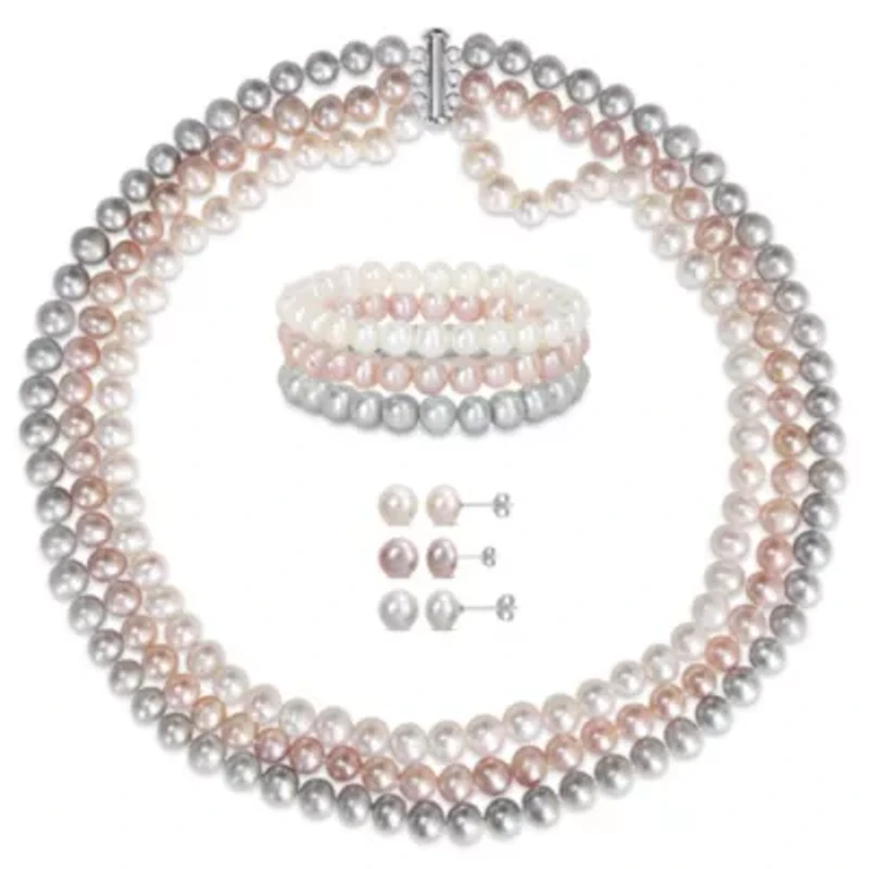 9-Piece Set of 7.5-8MM Multi-Color Freshwater Cultured Pearl Necklace, Bracelet and Earrings in Sterling Silver