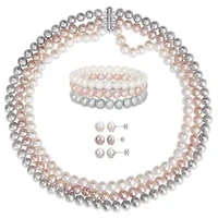 9-Piece Set of 7.5-8MM Multi-Color Freshwater Cultured Pearl Necklace, Bracelet and Earrings in Sterling Silver