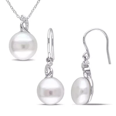 2-Piece Set of 10.5-12.5MM Freshwater Cultured Pearl and 1/10 ct. t.w. Diamond Earrings and Pendant with Chain in Sterling Silver