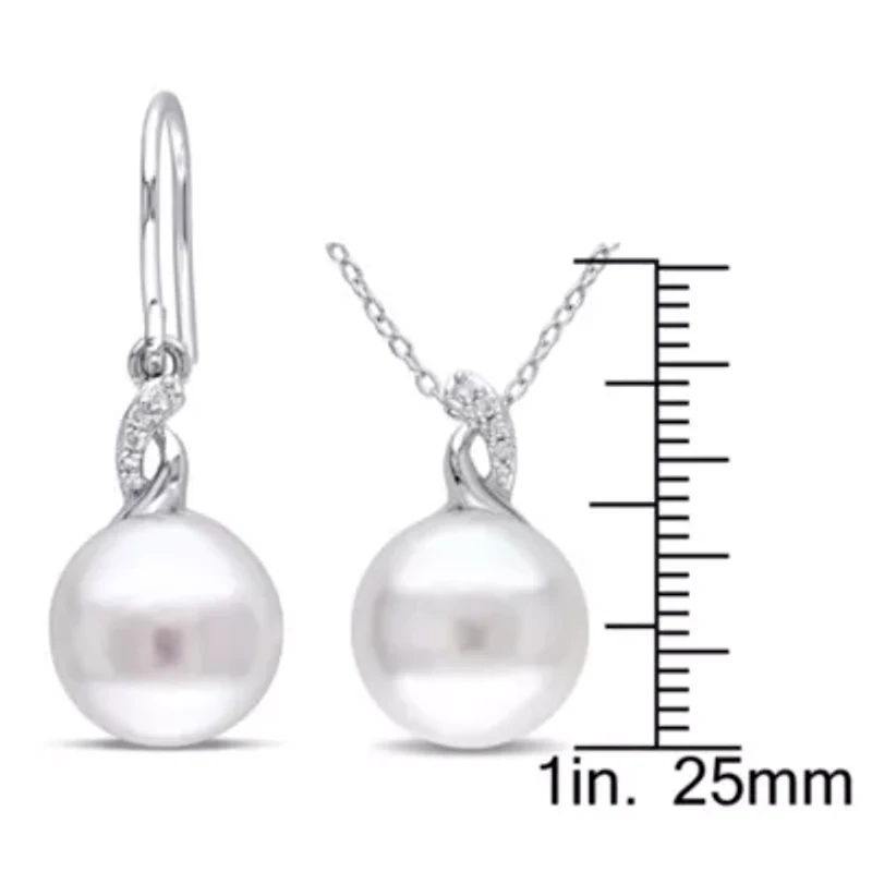 2-Piece Set of 10.5-12.5MM Freshwater Cultured Pearl and 1/10 ct. t.w. Diamond Earrings and Pendant with Chain in Sterling Silver