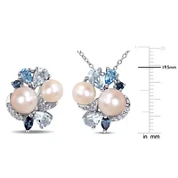 2-Piece Set of 6-8MM Freshwater Cultured Pearl and 4.83 ct. t.g.w. Created White Sapphire, Sky, Swiss and London Blue Topaz Earrings and Pendant with Chain in Sterling Silver