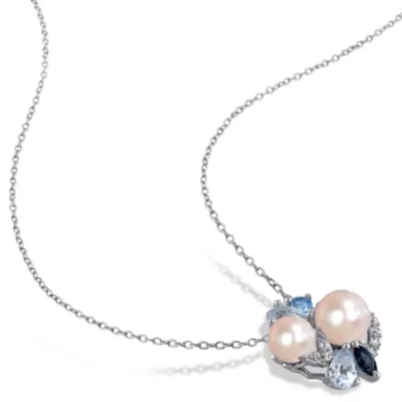 2-Piece Set of 6-8MM Freshwater Cultured Pearl and 4.83 ct. t.g.w. Created White Sapphire, Sky, Swiss and London Blue Topaz Earrings and Pendant with Chain in Sterling Silver