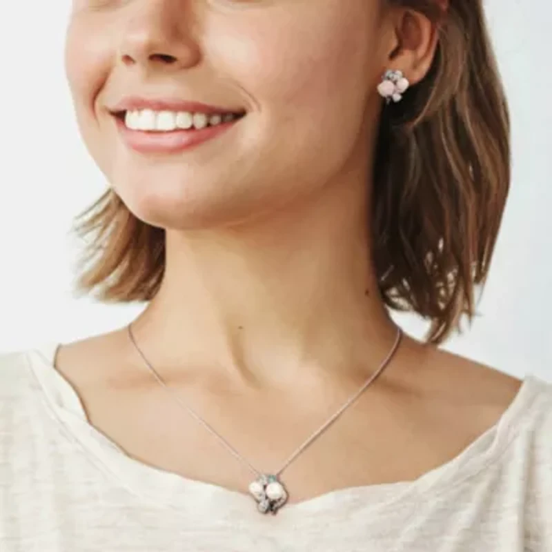 2-Piece Set of 6-8MM Freshwater Cultured Pearl and 4.83 ct. t.g.w. Created White Sapphire, Sky, Swiss and London Blue Topaz Earrings and Pendant with Chain in Sterling Silver