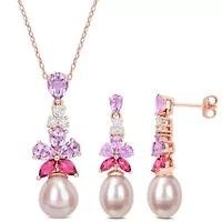 2-Piece Set of 8.5-10MM Pink Freshwater Cultured Pearl and 4.82 ct. t.g.w. Rose De France, Pink and White Topaz Earrings and Pendant with Chain in 18K Rose Gold Plated Sterling Silver