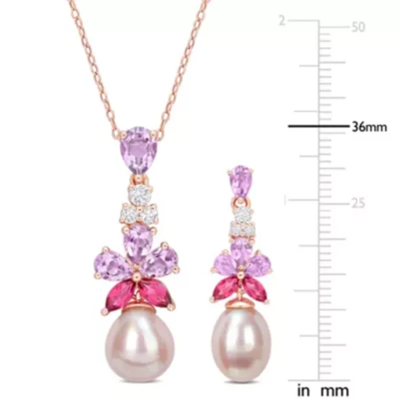 2-Piece Set of 8.5-10MM Pink Freshwater Cultured Pearl and 4.82 ct. t.g.w. Rose De France, Pink and White Topaz Earrings and Pendant with Chain in 18K Rose Gold Plated Sterling Silver