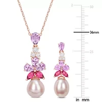 2-Piece Set of 8.5-10MM Pink Freshwater Cultured Pearl and 4.82 ct. t.g.w. Rose De France, Pink and White Topaz Earrings and Pendant with Chain in 18K Rose Gold Plated Sterling Silver