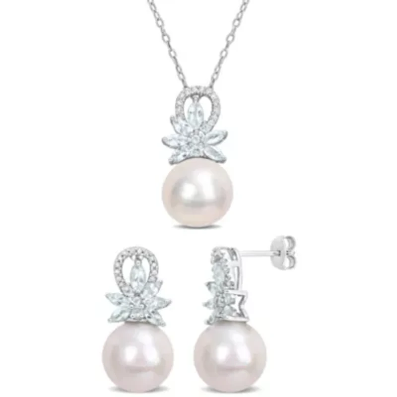 2-Piece Set of 11-12MM Freshwater Cultured Pearl, 1/6 ct. t.w. Diamond and 1.8 ct. t.g.w. Aquamarine Earrings and Pendant with Chain in Sterling Silver