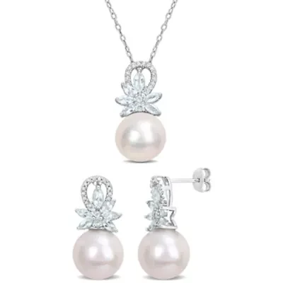 2-Piece Set of 11-12MM Freshwater Cultured Pearl, 1/6 ct. t.w. Diamond and 1.8 ct. t.g.w. Aquamarine Earrings and Pendant with Chain in Sterling Silver