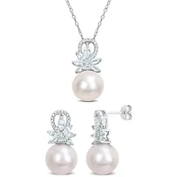 2-Piece Set of 11-12MM Freshwater Cultured Pearl, 1/6 ct. t.w. Diamond and 1.8 ct. t.g.w. Aquamarine Earrings and Pendant with Chain in Sterling Silver