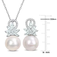 2-Piece Set of 11-12MM Freshwater Cultured Pearl, 1/6 ct. t.w. Diamond and 1.8 ct. t.g.w. Aquamarine Earrings and Pendant with Chain in Sterling Silver