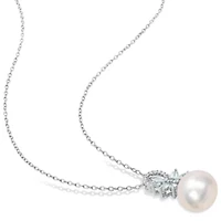 2-Piece Set of 11-12MM Freshwater Cultured Pearl, 1/6 ct. t.w. Diamond and 1.8 ct. t.g.w. Aquamarine Earrings and Pendant with Chain in Sterling Silver