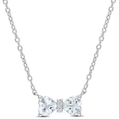 Aquamarine and 1/10 ct. t.w. Diamond Bow Necklace with Chain in Sterling Silver