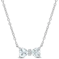Aquamarine and 1/10 ct. t.w. Diamond Bow Necklace with Chain in Sterling Silver