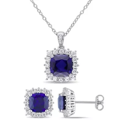 Lab Created 2-Piece Set of 8.60 ct. t.g.w. Created Blue Sapphire, Created White Sapphire and Diamond Accent Earrings and Pendant with Chain in Sterling Silver