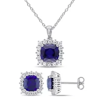 Lab Created 2-Piece Set of 8.60 ct. t.g.w. Created Blue Sapphire, Created White Sapphire and Diamond Accent Earrings and Pendant with Chain in Sterling Silver
