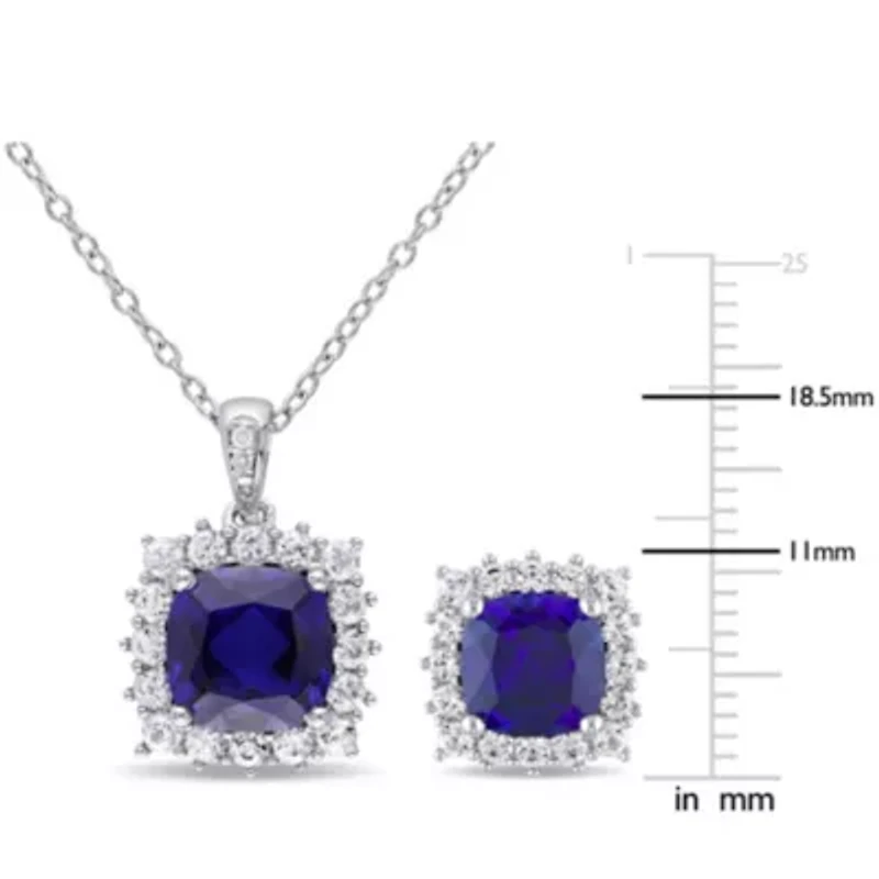 Lab Created 2-Piece Set of 8.60 ct. t.g.w. Created Blue Sapphire, Created White Sapphire and Diamond Accent Earrings and Pendant with Chain in Sterling Silver