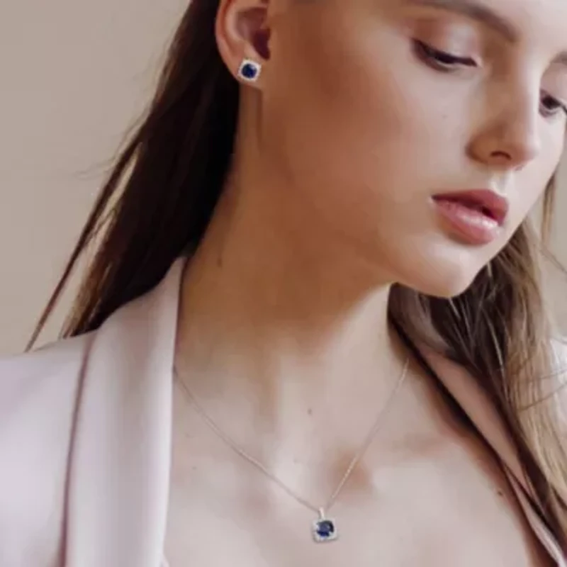 Lab Created 2-Piece Set of 8.60 ct. t.g.w. Created Blue Sapphire, Created White Sapphire and Diamond Accent Earrings and Pendant with Chain in Sterling Silver