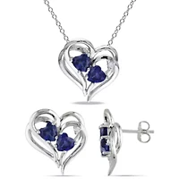 Lab Created 2-Piece Set of 3.40 ct. t.g.w. Created Blue Sapphire and 1/10 ct. t.w. Diamond Heart Earrings and Pendant with Chain in Sterling Silver