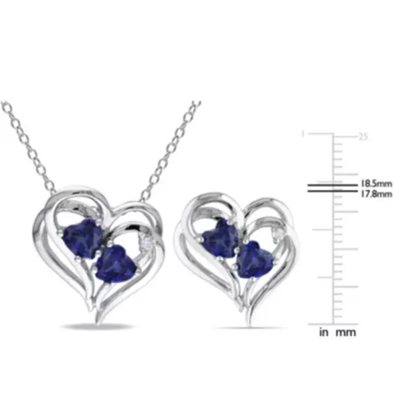 Lab Created 2-Piece Set of 3.40 ct. t.g.w. Created Blue Sapphire and 1/10 ct. t.w. Diamond Heart Earrings and Pendant with Chain in Sterling Silver