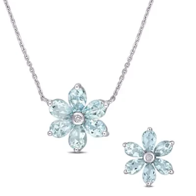 2-Piece Set of 4.55 ct. t.g.w. Aquamarine and 1/10 ct. t.w. Diamond Floral Earrings and Pendant with Chain in 14K White Gold