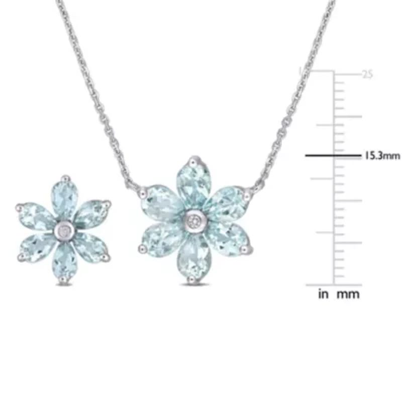 2-Piece Set of 4.55 ct. t.g.w. Aquamarine and 1/10 ct. t.w. Diamond Floral Earrings and Pendant with Chain in 14K White Gold