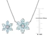 2-Piece Set of 4.55 ct. t.g.w. Aquamarine and 1/10 ct. t.w. Diamond Floral Earrings and Pendant with Chain in 14K White Gold