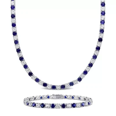 Lab Created 2-Piece set of 47.20 ct. t.g.w. Created Blue and White Sapphire Tennis Bracelet and Necklace in Sterling Silver