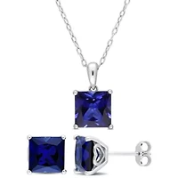 Lab Created 2-Piece Set of 8.65 ct. t.g.w. Created Blue Sapphire Solitaire Earrings and Pendant with Chain in Sterling Silver