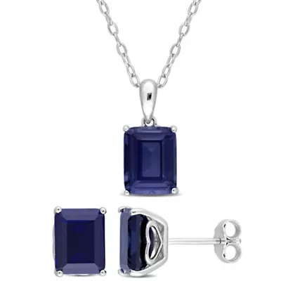Lab Created 2-Piece Set of 8.6 ct. t.g.w. Created Blue Sapphire Solitaire Earrings and Pendant with Chain in Sterling Silver