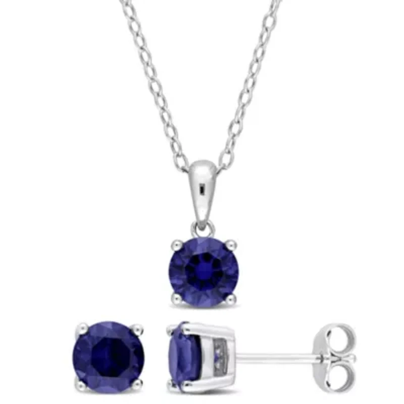 Lab Created 2-Piece Set of 3 ct. t.g.w. Created Blue Sapphire Earrings and Pendant with Chain in Sterling Silver