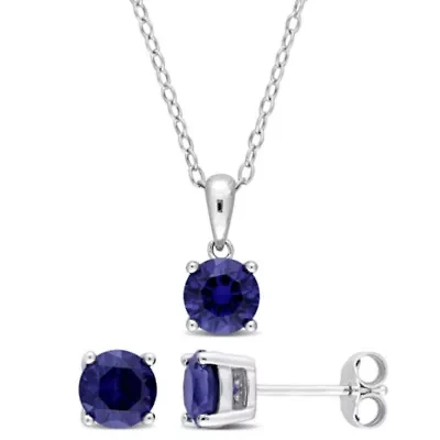 Lab Created 2-Piece Set of 3 ct. t.g.w. Created Blue Sapphire Earrings and Pendant with Chain in Sterling Silver