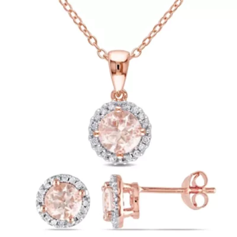 2-Piece Set of Morganite and 1/6 ct. t.w. Diamond Halo Earrings and Pendant with Chain in Rose Plated Sterling Silver