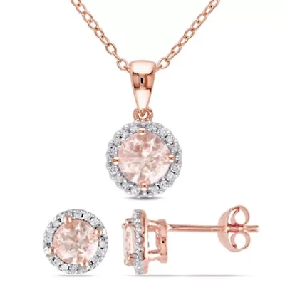 2-Piece Set of Morganite and 1/6 ct. t.w. Diamond Halo Earrings and Pendant with Chain in Rose Plated Sterling Silver