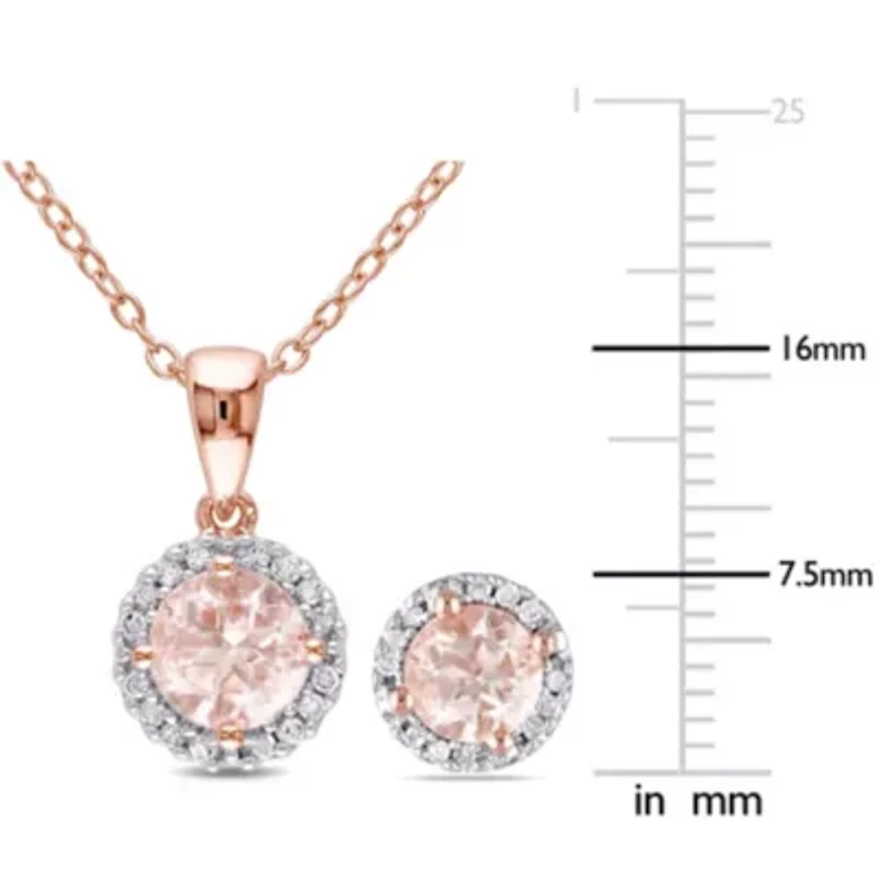 2-Piece Set of Morganite and 1/6 ct. t.w. Diamond Halo Earrings and Pendant with Chain in Rose Plated Sterling Silver