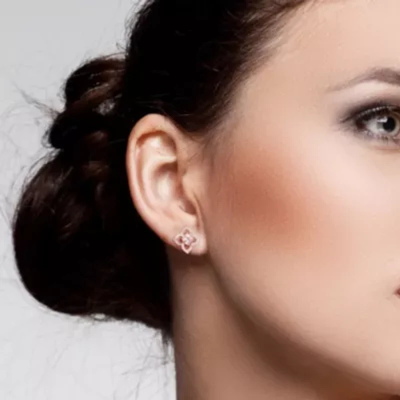 Morganite White Topaz Floral Stud Earrings in Rose Plated Sterling Silver