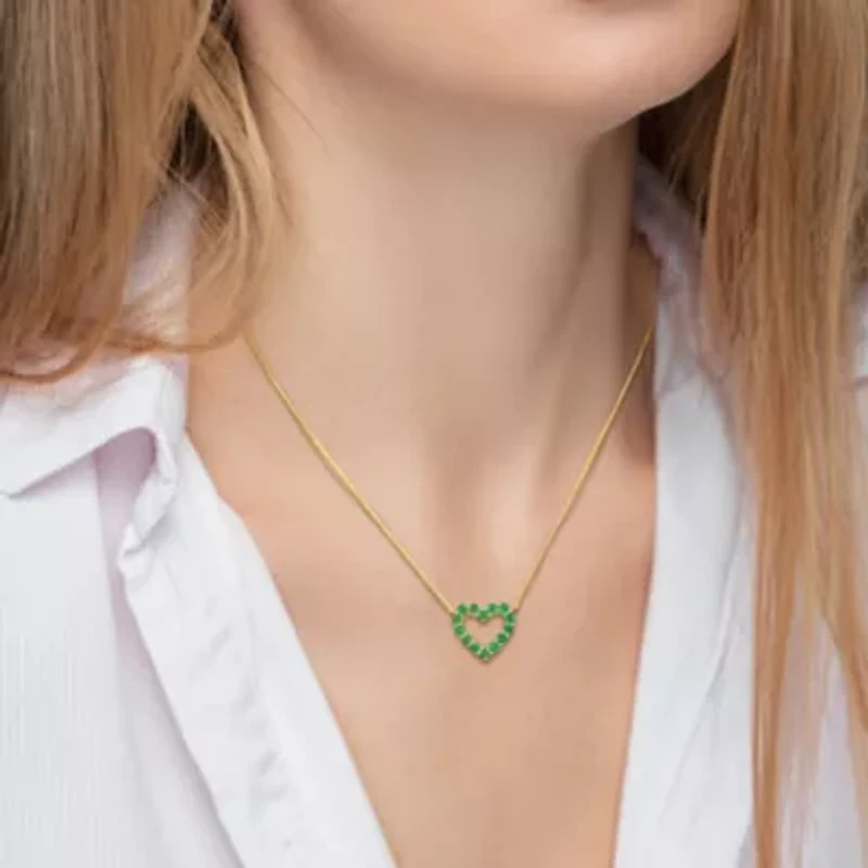 Emerald Open Heart Pendant with Chain in 10K Yellow Gold